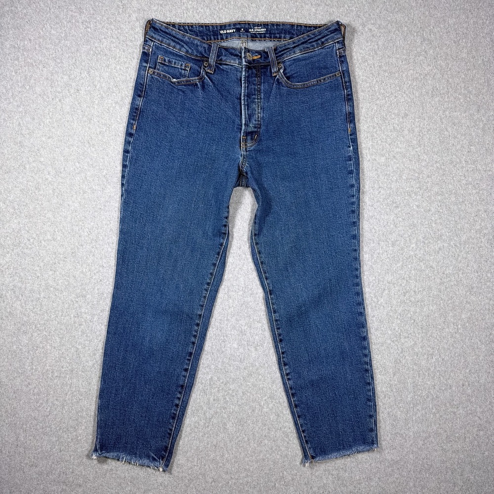 Old Navy OG Straight High Rise Button Fly Raw Hem Jeans Blue Womens 8 Petite